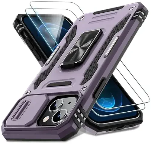 DEERLAMN Case for iPhone 15 with Slide Camera Cover + Screen Protector (2 Packs), Rotated Ring Kickstand Military Grade Shockproof Protective Cover-Deep Purple - 1