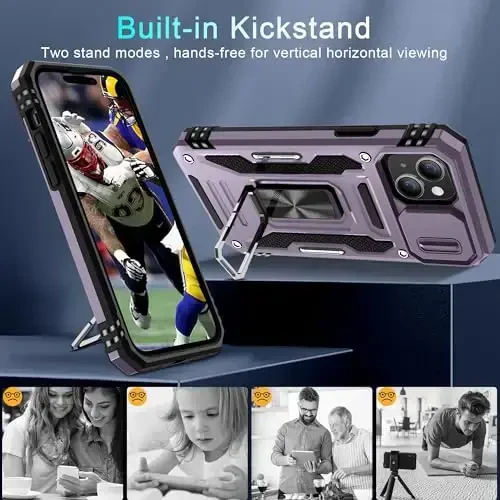 DEERLAMN Case for iPhone 15 with Slide Camera Cover + Screen Protector (2 Packs), Rotated Ring Kickstand Military Grade Shockproof Protective Cover-Deep Purple - 4