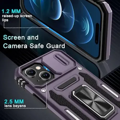 DEERLAMN Case for iPhone 15 with Slide Camera Cover + Screen Protector (2 Packs), Rotated Ring Kickstand Military Grade Shockproof Protective Cover-Deep Purple - 5