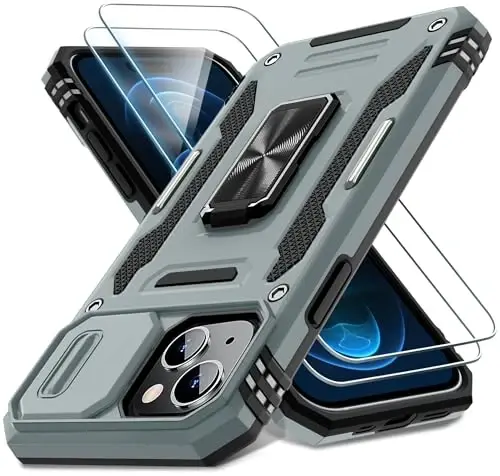 DEERLAMN Case for iPhone 15 with Slide Camera Cover + Screen Protector (2 Packs), Rotated Ring Kickstand Military Grade Shockproof Protective Cover-Grey - DEERLAMN