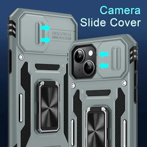 DEERLAMN Case for iPhone 15 with Slide Camera Cover + Screen Protector (2 Packs), Rotated Ring Kickstand Military Grade Shockproof Protective Cover-Grey - 2