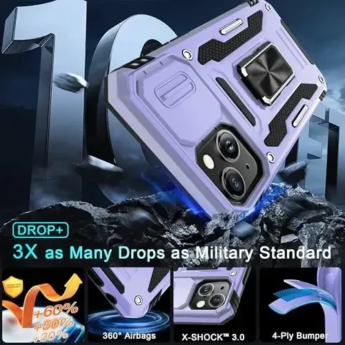 DEERLAMN iPhone 15 uchun g‘ilof, kamerali slayd qopqog‘i + ekran himoyachisi (2 dona), aylanadigan halqali tirgakli harbiy darajadagi zarbga chidamli himoya qopqog‘i - och binafsha - 3