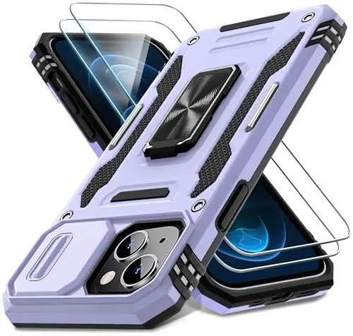 DEERLAMN iPhone 15 uchun g‘ilof, kamerali slayd qopqog‘i + ekran himoyachisi (2 dona), aylanadigan halqali tirgakli harbiy darajadagi zarbga chidamli himoya qopqog‘i - och binafsha - 1