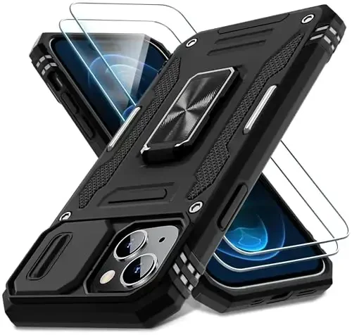 DEERLAMN iPhone 15 uchun g‘ilof, kamerani surish qopqog‘i + ekran himoyachisi (2 dona), aylanadigan halqali tayanch harbiy darajadagi zarbga chidamli himoya qopqog‘i - qora 