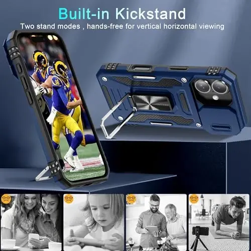DEERLAMN Case for iPhone 16 with Slide Camera Cover+Screen Protector (2 Packs), Rotated Ring Kickstand Military Grade Shockproof Protective Cover-Navy Blue - 4