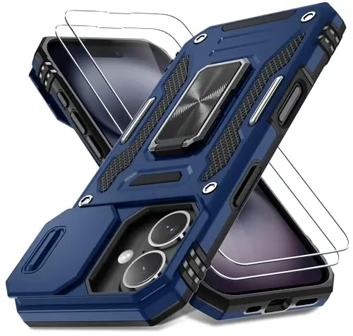DEERLAMN Case for iPhone 16 with Slide Camera Cover+Screen Protector (2 Packs), Rotated Ring Kickstand Military Grade Shockproof Protective Cover-Navy Blue - 1