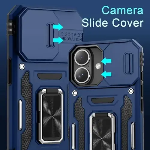 DEERLAMN Case for iPhone 16 with Slide Camera Cover+Screen Protector (2 Packs), Rotated Ring Kickstand Military Grade Shockproof Protective Cover-Navy Blue - 2