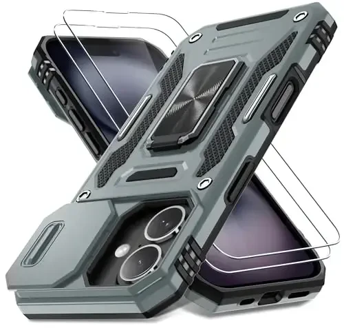 DEERLAMN Case for iPhone 16 with Slide Camera Cover+Screen Protector (2 Packs), Rotated Ring Kickstand Military Grade Shockproof Protective Cover-Grey - DEERLAMN