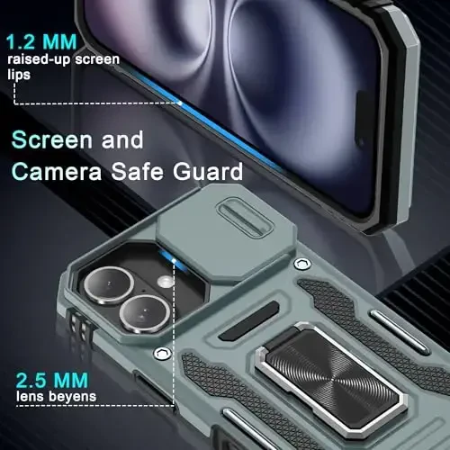 DEERLAMN Case for iPhone 16 with Slide Camera Cover+Screen Protector (2 Packs), Rotated Ring Kickstand Military Grade Shockproof Protective Cover-Grey - 5