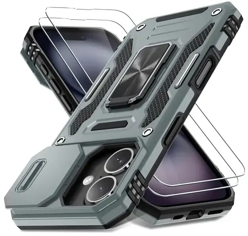 DEERLAMN Case for iPhone 16 with Slide Camera Cover+Screen Protector (2 Packs), Rotated Ring Kickstand Military Grade Shockproof Protective Cover-Grey 