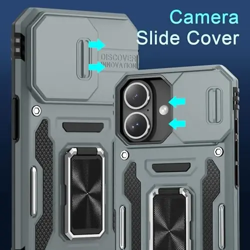DEERLAMN Case for iPhone 16 with Slide Camera Cover+Screen Protector (2 Packs), Rotated Ring Kickstand Military Grade Shockproof Protective Cover-Grey - 2