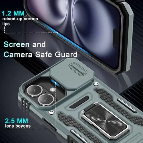 DEERLAMN Case for iPhone 16 with Slide Camera Cover+Screen Protector (2 Packs), Rotated Ring Kickstand Military Grade Shockproof Protective Cover-Grey - 5