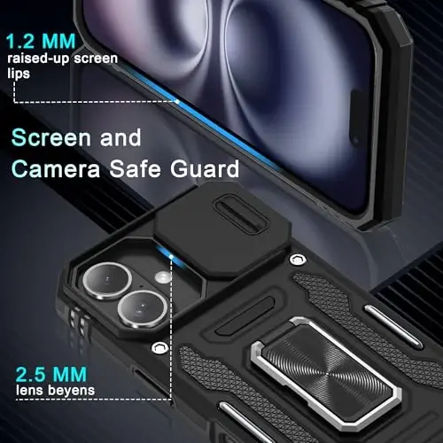 DEERLAMN Case for iPhone 16 with Slide Camera Cover+Screen Protector (2 Packs), Rotated Ring Kickstand Military Grade Shockproof Protective Cover-Black - 5