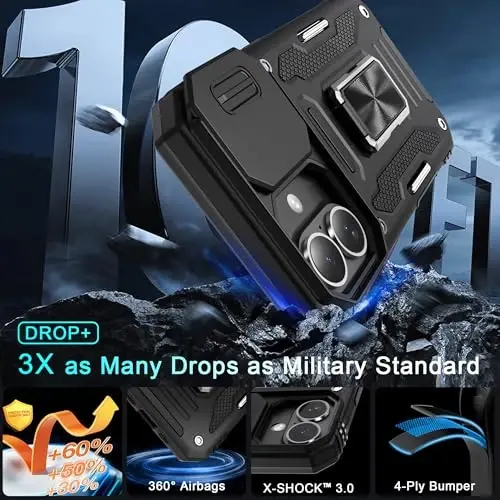 DEERLAMN Case for iPhone 16 with Slide Camera Cover+Screen Protector (2 Packs), Rotated Ring Kickstand Military Grade Shockproof Protective Cover-Black - 3