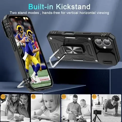 DEERLAMN Case for iPhone 16 with Slide Camera Cover+Screen Protector (2 Packs), Rotated Ring Kickstand Military Grade Shockproof Protective Cover-Black - 4