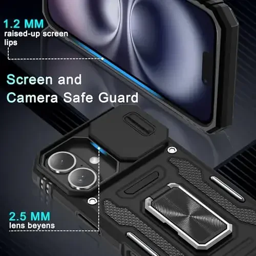 DEERLAMN Case for iPhone 16 with Slide Camera Cover+Screen Protector (2 Packs), Rotated Ring Kickstand Military Grade Shockproof Protective Cover-Black - 5