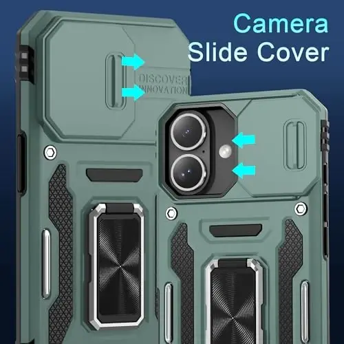 DEERLAMN Case for iPhone 16 with Slide Camera Cover+Screen Protector (2 Packs), Rotated Ring Kickstand Military Grade Shockproof Protective Cover-Green - 2