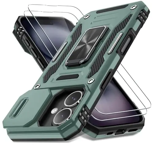 DEERLAMN Case for iPhone 16 with Slide Camera Cover+Screen Protector (2 Packs), Rotated Ring Kickstand Military Grade Shockproof Protective Cover-Green 