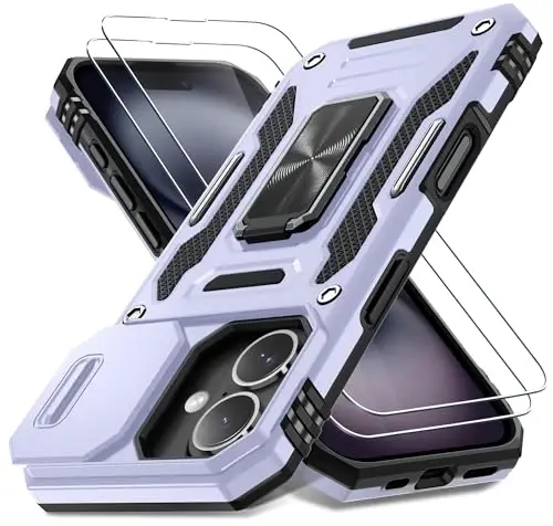 DEERLAMN Case for iPhone 16 with Slide Camera Cover+Screen Protector (2 Packs), Rotated Ring Kickstand Military Grade Shockproof Protective Cover-Light Purple - 1