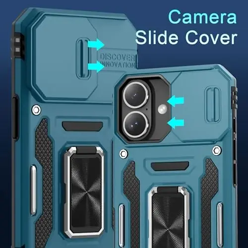 DEERLAMN Case for iPhone 16 with Slide Camera Cover+Screen Protector (2 Packs), Rotated Ring Kickstand Military Grade Shockproof Protective Cover-Light Blue - 2