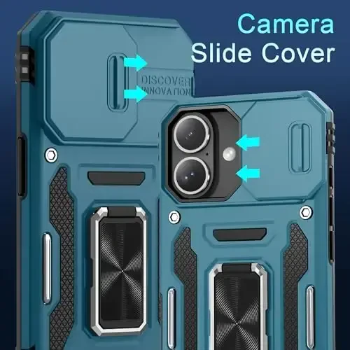 DEERLAMN Case for iPhone 16 with Slide Camera Cover+Screen Protector (2 Packs), Rotated Ring Kickstand Military Grade Shockproof Protective Cover-Light Blue - DEERLAMN (1)