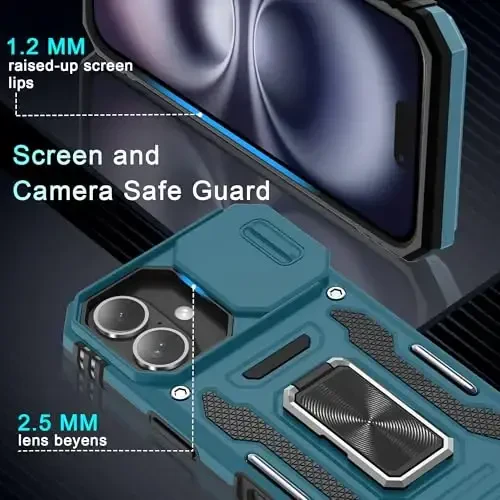 DEERLAMN Case for iPhone 16 with Slide Camera Cover+Screen Protector (2 Packs), Rotated Ring Kickstand Military Grade Shockproof Protective Cover-Light Blue - 5