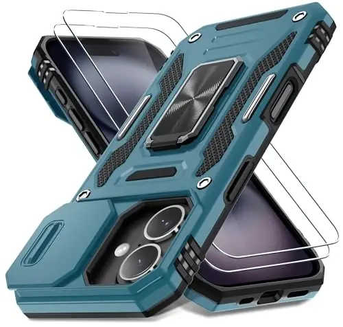 DEERLAMN Case for iPhone 16 with Slide Camera Cover+Screen Protector (2 Packs), Rotated Ring Kickstand Military Grade Shockproof Protective Cover-Light Blue - DEERLAMN