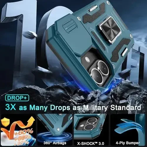 DEERLAMN Case for iPhone 16 with Slide Camera Cover+Screen Protector (2 Packs), Rotated Ring Kickstand Military Grade Shockproof Protective Cover-Light Blue - 3