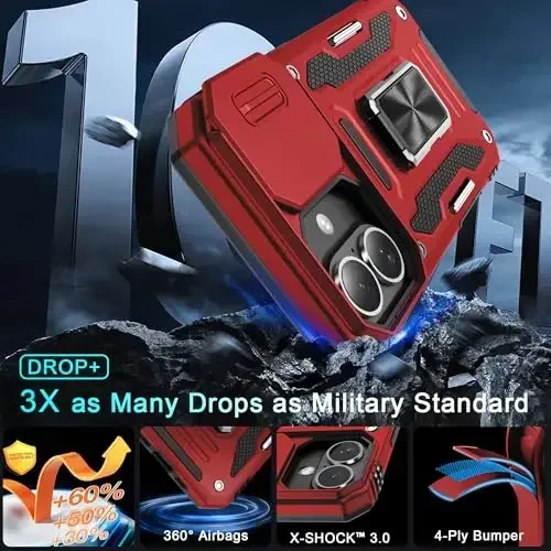 DEERLAMN Case for iPhone 16 with Slide Camera Cover+Screen Protector (2 Packs), Rotated Ring Kickstand Military Grade Shockproof Protective Cover-Red - 3