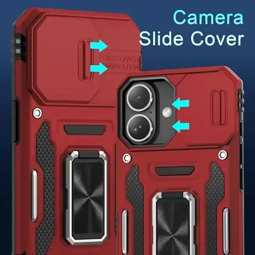 DEERLAMN Case for iPhone 16 with Slide Camera Cover+Screen Protector (2 Packs), Rotated Ring Kickstand Military Grade Shockproof Protective Cover-Red - 2