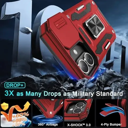 DEERLAMN Case for iPhone 16 with Slide Camera Cover+Screen Protector (2 Packs), Rotated Ring Kickstand Military Grade Shockproof Protective Cover-Red - 3