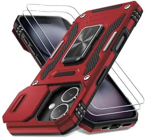 DEERLAMN Case for iPhone 16 with Slide Camera Cover+Screen Protector (2 Packs), Rotated Ring Kickstand Military Grade Shockproof Protective Cover-Red 