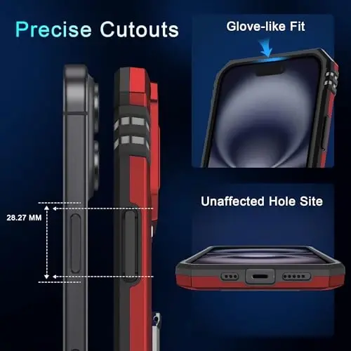 DEERLAMN Case for iPhone 16 with Slide Camera Cover+Screen Protector (2 Packs), Rotated Ring Kickstand Military Grade Shockproof Protective Cover-Red - DEERLAMN
