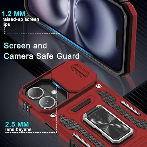 DEERLAMN Case for iPhone 16 with Slide Camera Cover+Screen Protector (2 Packs), Rotated Ring Kickstand Military Grade Shockproof Protective Cover-Red - 5