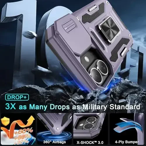 DEERLAMN Case for iPhone 16 with Slide Camera Cover+Screen Protector (2 Packs), Rotated Ring Kickstand Military Grade Shockproof Protective Cover-Deep Purple - 3