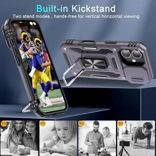 DEERLAMN Case for iPhone 16 with Slide Camera Cover+Screen Protector (2 Packs), Rotated Ring Kickstand Military Grade Shockproof Protective Cover-Deep Purple - 4