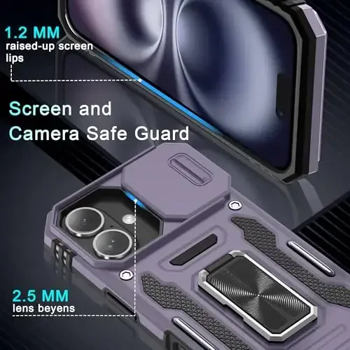 DEERLAMN Case for iPhone 16 with Slide Camera Cover+Screen Protector (2 Packs), Rotated Ring Kickstand Military Grade Shockproof Protective Cover-Deep Purple - 5