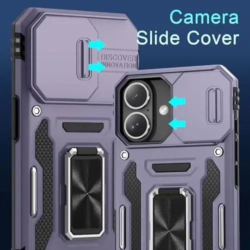 DEERLAMN Case for iPhone 16 with Slide Camera Cover+Screen Protector (2 Packs), Rotated Ring Kickstand Military Grade Shockproof Protective Cover-Deep Purple - 2