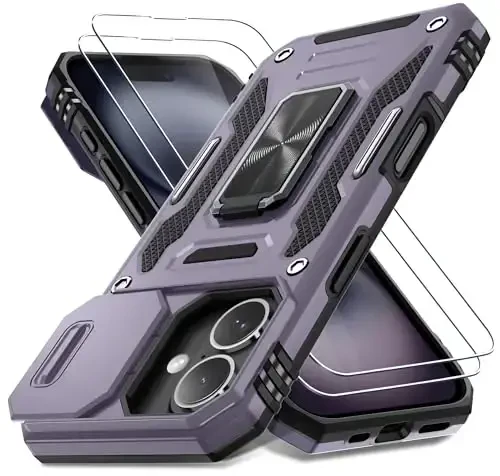 DEERLAMN Case for iPhone 16 with Slide Camera Cover+Screen Protector (2 Packs), Rotated Ring Kickstand Military Grade Shockproof Protective Cover-Deep Purple - DEERLAMN
