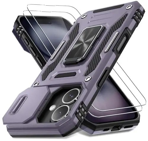 DEERLAMN Case for iPhone 16 with Slide Camera Cover+Screen Protector (2 Packs), Rotated Ring Kickstand Military Grade Shockproof Protective Cover-Deep Purple 