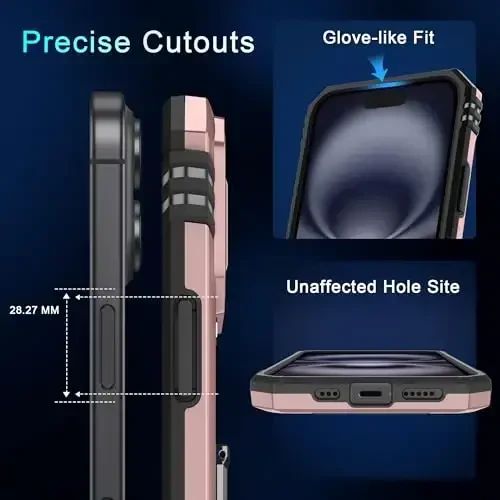 DEERLAMN Case for iPhone 16 with Slide Camera Cover+Screen Protector (2 Packs), Rotated Ring Kickstand Military Grade Shockproof Protective Cover-Rose Gold - 6