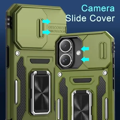 DEERLAMN Case for iPhone 16 with Slide Camera Cover+Screen Protector (2 Packs), Rotated Ring Kickstand Military Grade Shockproof Protective Cover-Olive Green - 2
