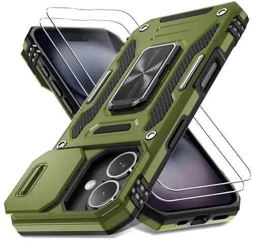 DEERLAMN Case for iPhone 16 with Slide Camera Cover+Screen Protector (2 Packs), Rotated Ring Kickstand Military Grade Shockproof Protective Cover-Olive Green - 1