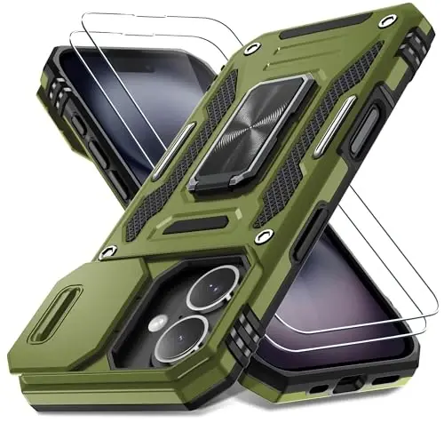 DEERLAMN Case for iPhone 16 with Slide Camera Cover+Screen Protector (2 Packs), Rotated Ring Kickstand Military Grade Shockproof Protective Cover-Olive Green 