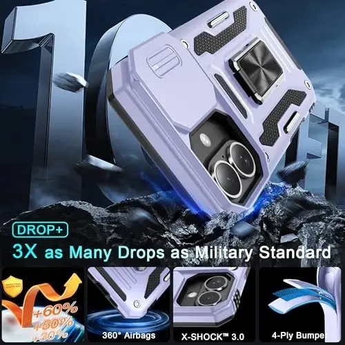 DEERLAMN iPhone 16 uchun g‘ilof, kamerali slayder, ekran himoyasi (2 dona), aylanadigan halqali tirgak, harbiy standartdagi zarbga chidamli himoya g‘ilofi - och binafsha - 3