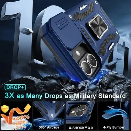 DEERLAMN iPhone 16 uchun g‘ilof, suriladigan kamera qopqog‘i+ekran himoyachisi (2 dona), aylanadigan halqali tayanch, harbiy standartga javob beruvchi zarbaga chidamli himoya g‘ilofi - to‘q ko‘k - 3