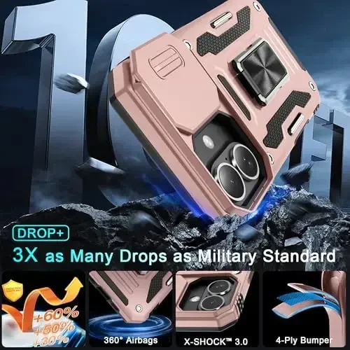 DEERLAMN Case for iPhone 16 with Slide Camera Cover+Screen Protector (2 Packs), Rotated Ring Kickstand Military Grade Shockproof Protective Cover-Rose Gold - 3