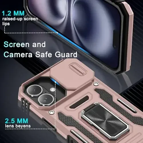 DEERLAMN Case for iPhone 16 with Slide Camera Cover+Screen Protector (2 Packs), Rotated Ring Kickstand Military Grade Shockproof Protective Cover-Rose Gold - 5