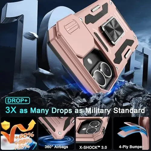 DEERLAMN Case for iPhone 16 with Slide Camera Cover+Screen Protector (2 Packs), Rotated Ring Kickstand Military Grade Shockproof Protective Cover-Rose Gold - 3