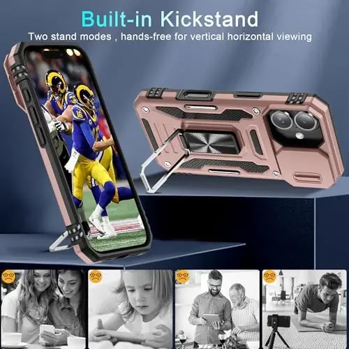 DEERLAMN Case for iPhone 16 with Slide Camera Cover+Screen Protector (2 Packs), Rotated Ring Kickstand Military Grade Shockproof Protective Cover-Rose Gold - 4